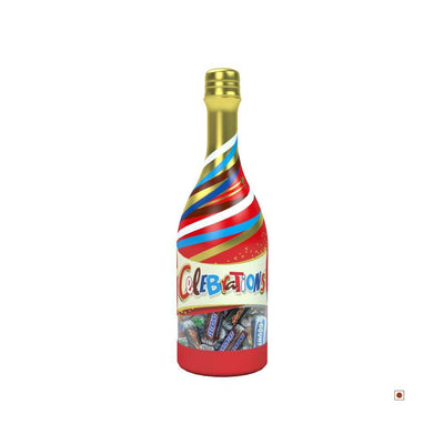 A miniature bottle of Celebrations Sparkling Bottle 320g with a red, white and blue design by Cococart India.