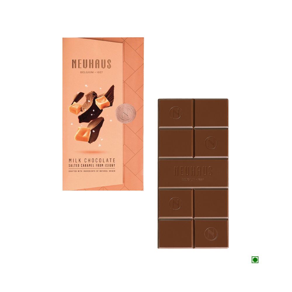 A Neuhaus Salted Caramel Milk Bar 100g with a label on it.