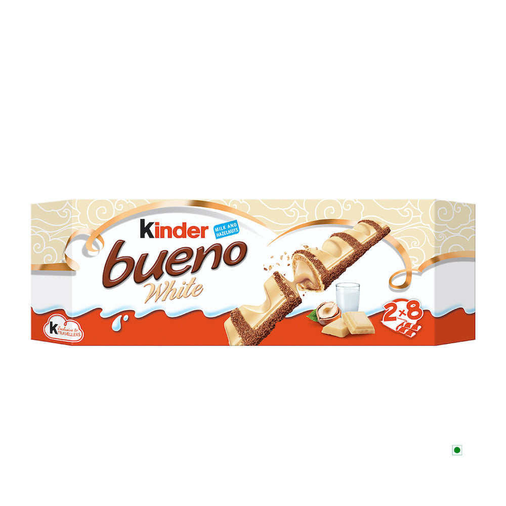 The Kinder Bueno White T(2X8) 344g, from the brand Kinder, provides a delightful indulgence with its milk and hazelnut cream filling, delivering a delicate taste.