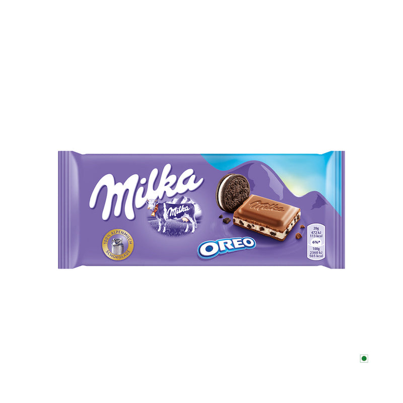 A Milka Oreo Milk Chocolate Bar 100g on a white background.