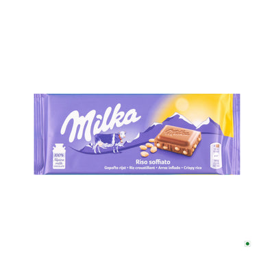 A Milka Rice Crisps Milk Chocolate Bar 100g on a white background.