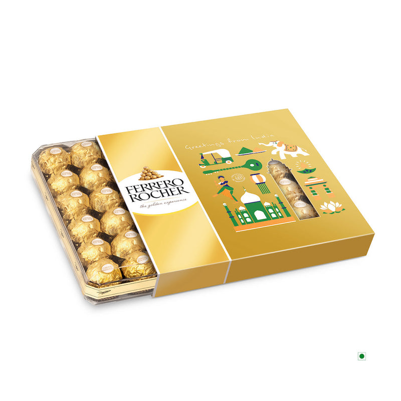 A box of Ferrero Rocher T48 Box 600g chocolates decorated in milk chocolate.