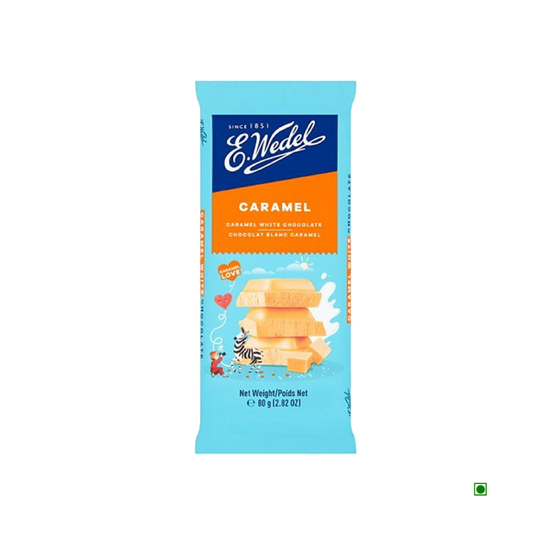 A bag of Wedel Caramel Chocolate Bars 80g on a white background.