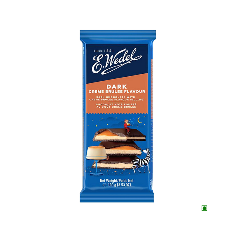 A Wedel Dark Chocolate With Creme Brulee Filling Bar 100g with dark chocolate and almonds.