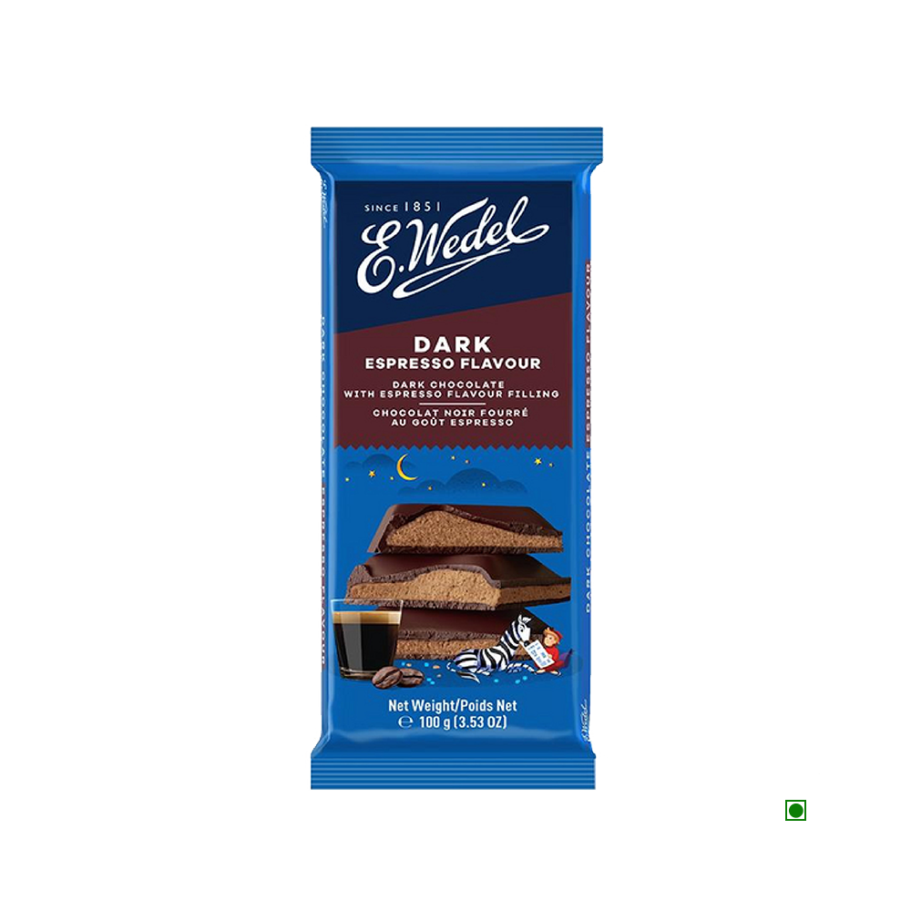 A Wedel Dark Chocolate With Espresso Filling Bar 100g with chocolate chips on it.