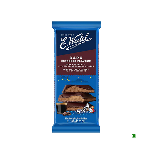 A Wedel Dark Chocolate With Espresso Filling Bar 100g with chocolate chips on it.