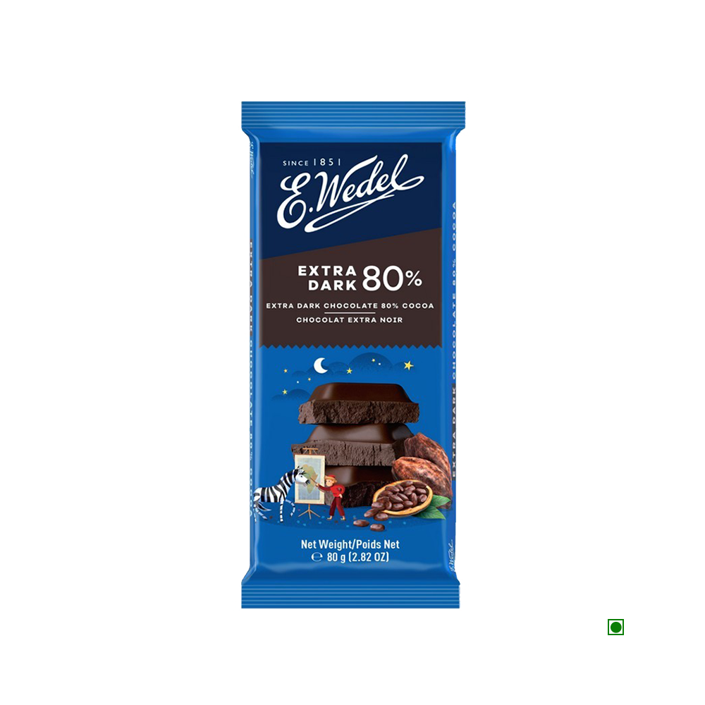 A Wedel Extra Dark 80% Cocoa Chocolate Bar 80g with a Wedel Extra Dark 80% Cocoa Chocolate Bar 80g on it.