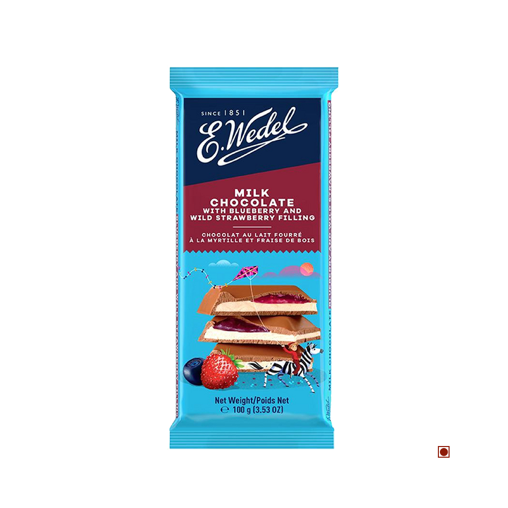 A Wedel Milk Chocolate With Blueberry & Wild Strawberry Filling Bar 100g with fruit and berries on it.