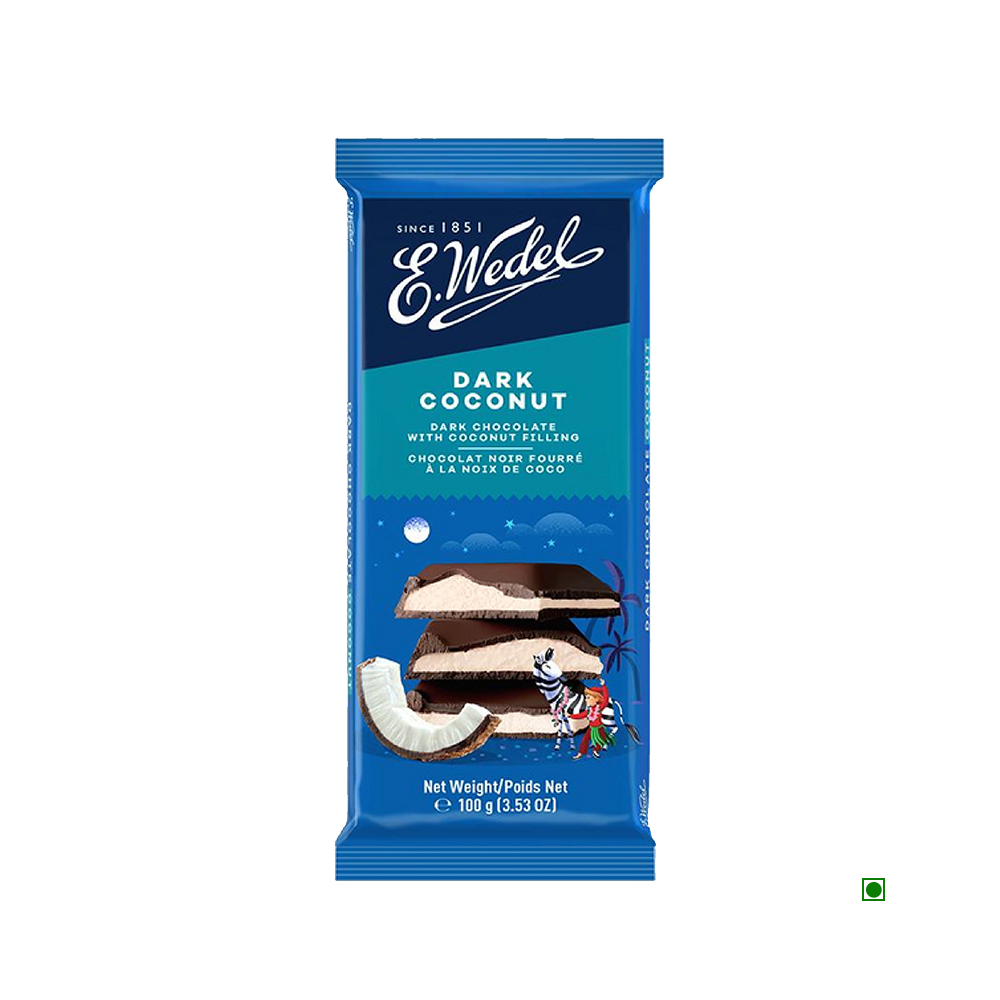 A Wedel Dark Chocolate With Coconut Filling Bar 100g with chocolate and coconut on it.