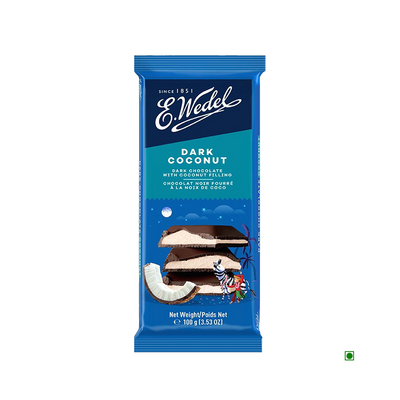 A Wedel Dark Chocolate With Coconut Filling Bar 100g with chocolate and coconut on it.