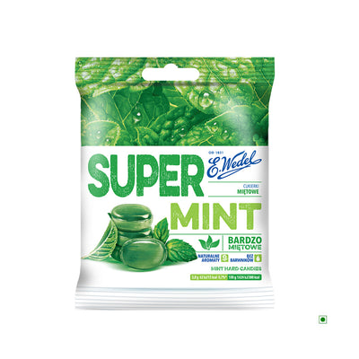 A bag of Wedel Supermint Hard Candies 90g with green leaves on it.