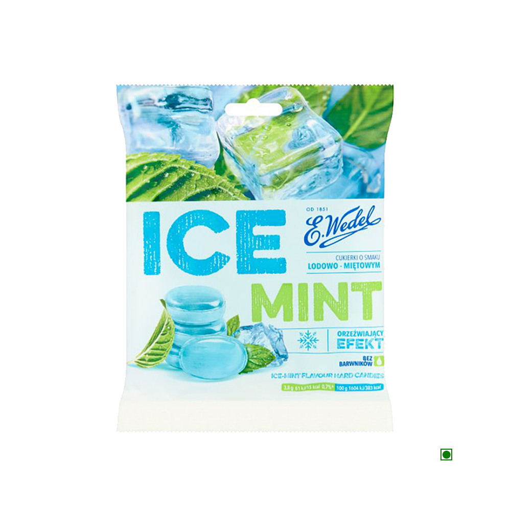 A bag of Wedel Ice Mint Hard Candies 90g with green leaves on it.