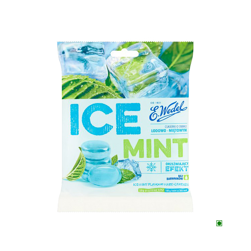 A bag of Wedel Ice Mint Hard Candies 90g with green leaves on it.