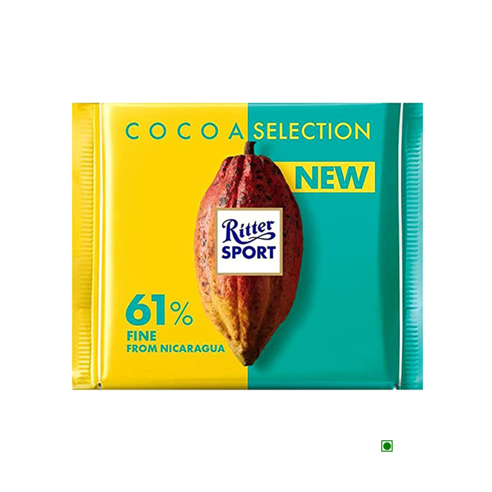 A Ritter Sport 61% Fine Dark Chocolate Bar 100g with the words cocoa selection new.