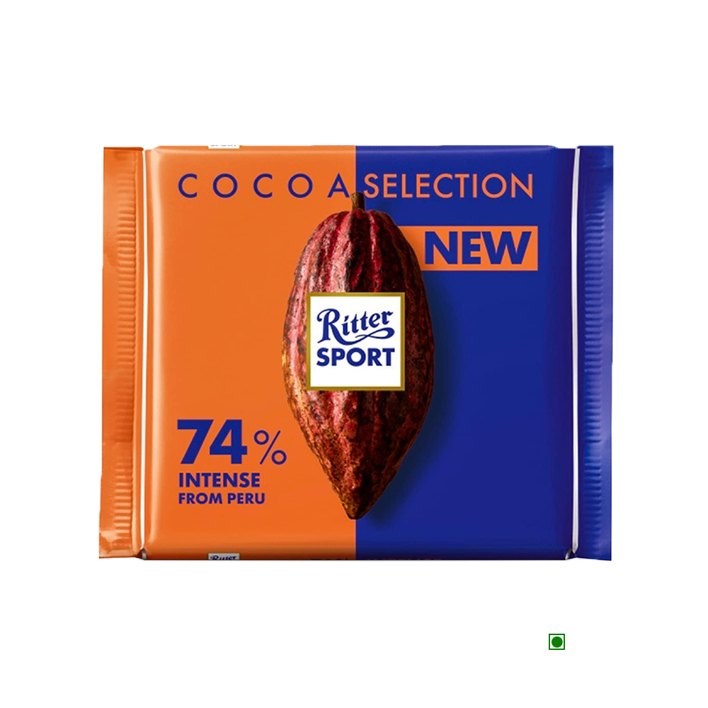A Ritter Sport 74% Intense Dark Chocolate Bar 100g with the words cocoa selection new.