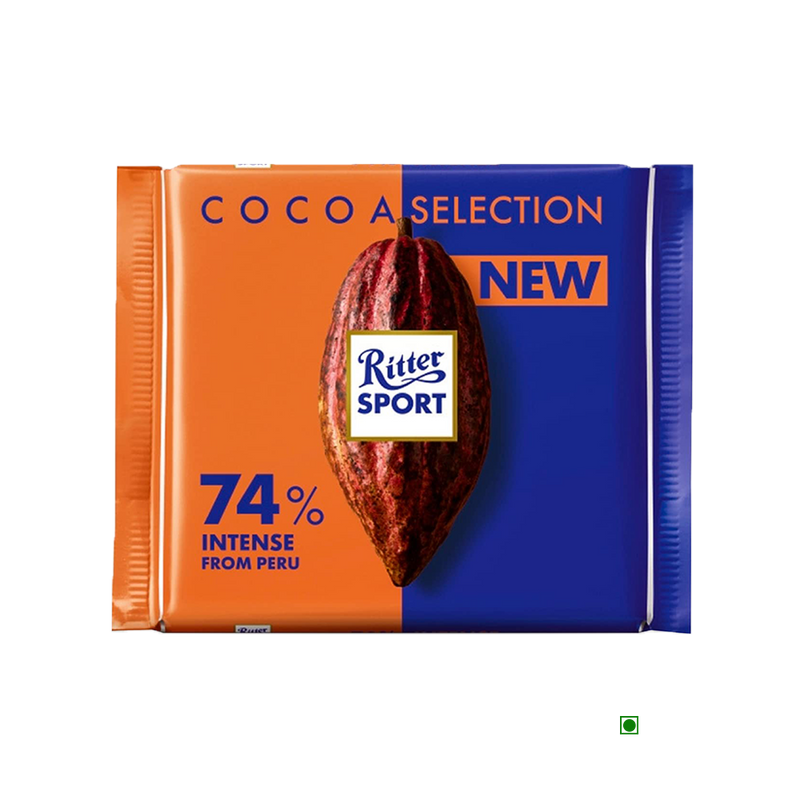 A Ritter Sport 74% Intense Dark Chocolate Bar 100g with the words cocoa selection new.