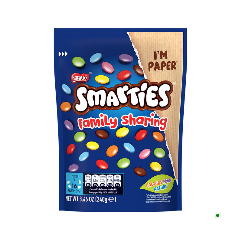 A Smarties Family Sharing Bag 240g on a white background.