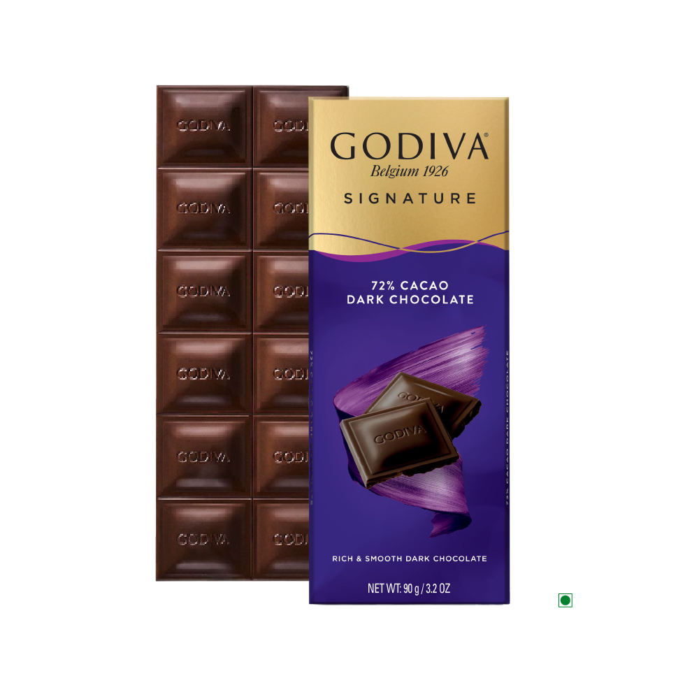 A Godiva Dark 72% Bar 90g with a label on it.