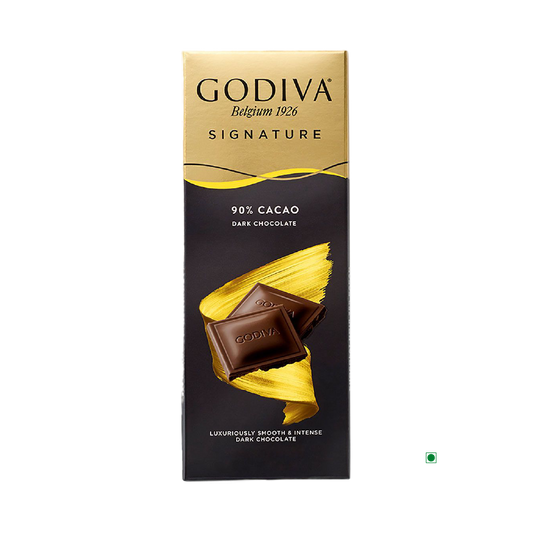 The Godiva Dark 90% Bar 90g is a decadent treat from the brand Godiva, featuring a high cacao content of 90%. Elegantly wrapped in black and gold packaging, it is crafted in Belgium and adorned with images of chocolate pieces, delivering a rich and intensely smooth dark chocolate experience.