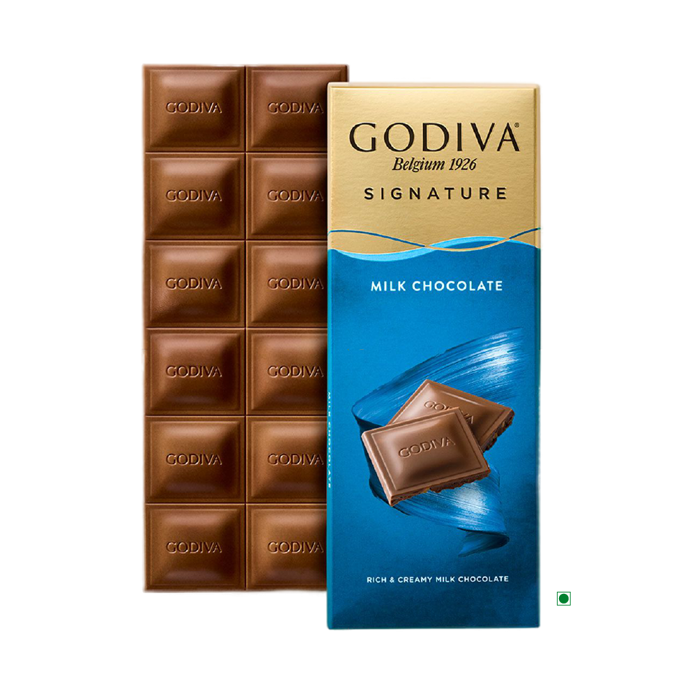 The Godiva Milk Chocolate Bar 90g, ideal for baking, features an elegant gold and blue packaging that reflects Belgium's rich chocolate heritage.