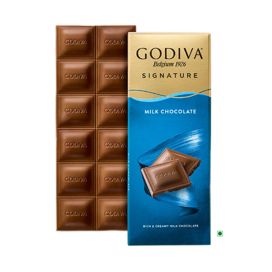 The Godiva Milk Chocolate Bar 90g, ideal for baking, features an elegant gold and blue packaging that reflects Belgium's rich chocolate heritage.