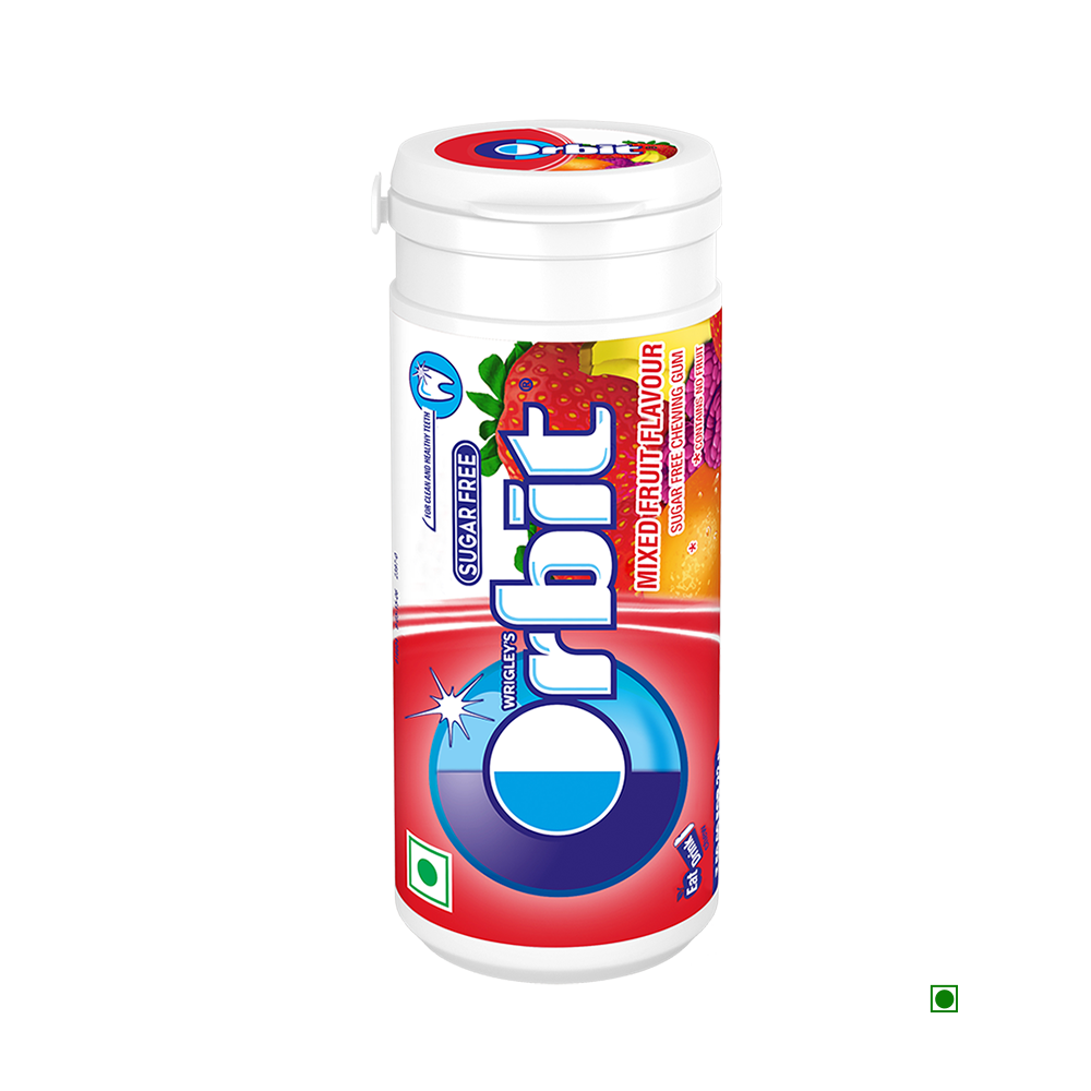 A can of Orbit Tube Fruit 22g chewing gum on a white background.