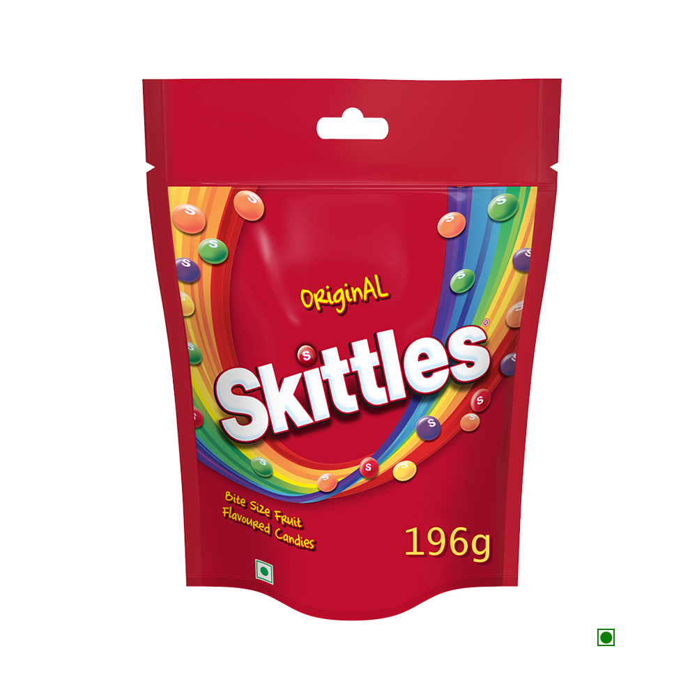 A vibrant bag of Skittles Pouch Fruit 196g, showcasing their fruity flavors and the iconic rainbow design, against a clean white background.