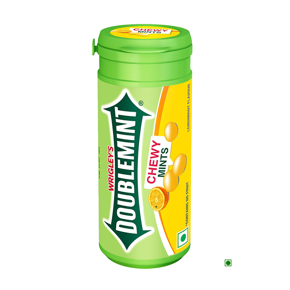 A can of Wrigley's Doublemint Lemon Chewy Mints 33.6g on a white background.