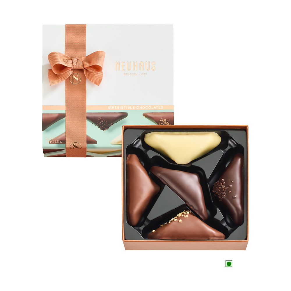 A box of Neuhaus Discovery Irresistibles 104g chocolates in a white box.