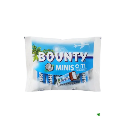 A bag of Bounty Minis 250g on a white background.