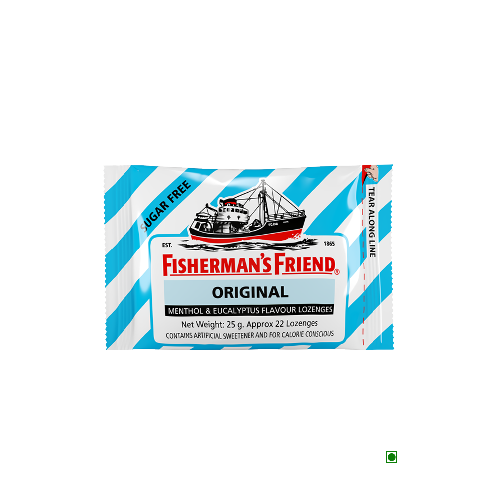 A package of Fisherman's Friend Original 25g on a white background, offering a refreshing menthol flavor.