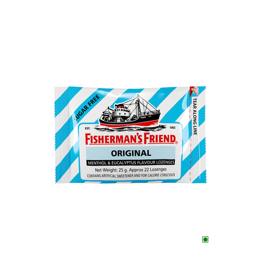 A package of Fisherman's Friend Original 25g on a white background, offering a refreshing menthol flavor.