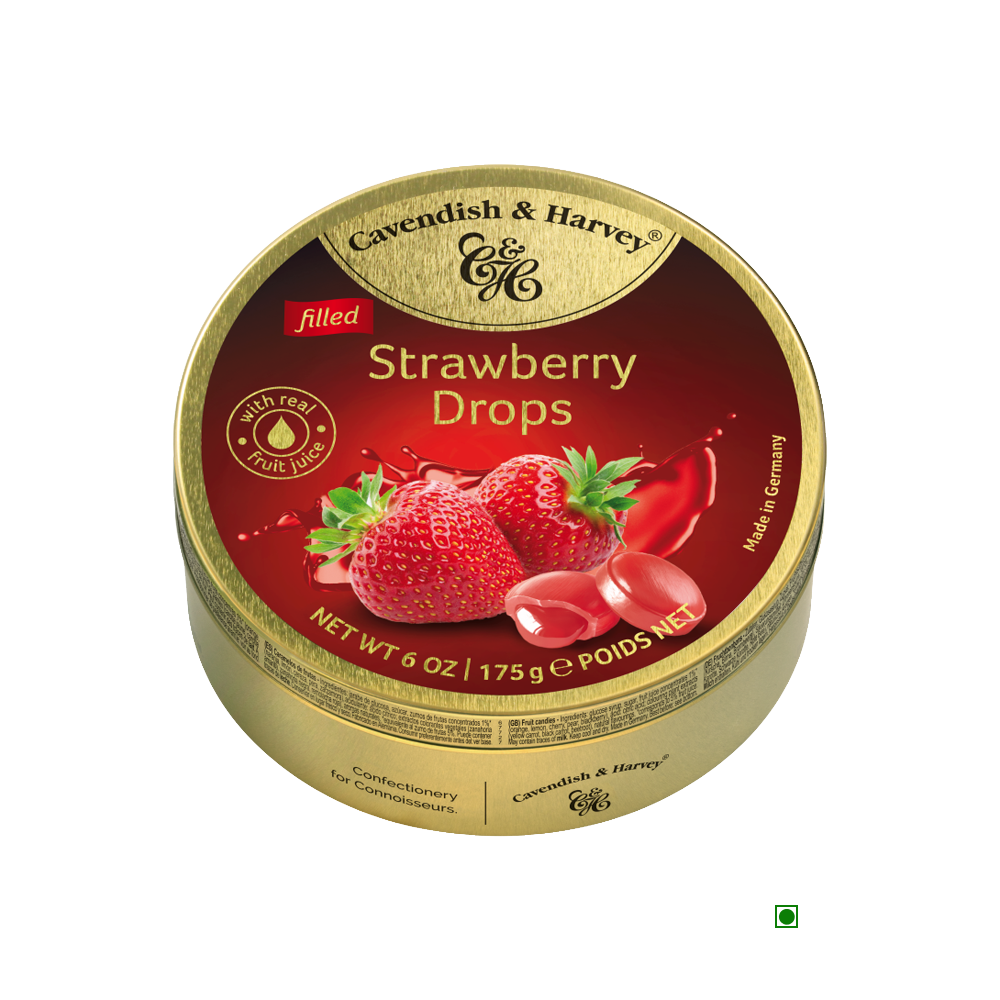 A tin of Cavendish & Harvey Strawberry Drops 175g from Germany on a white background.
