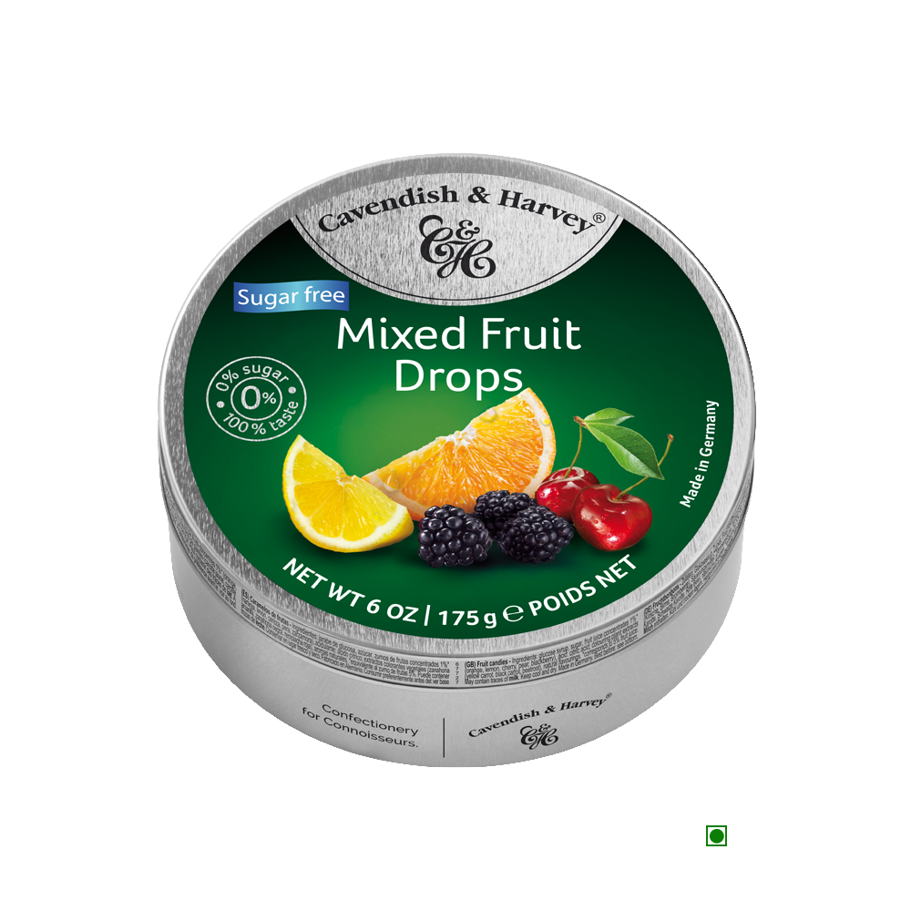 A tin of Cavendish & Harvey Sugar Free Mixed Fruit Drops 175g on a white background.