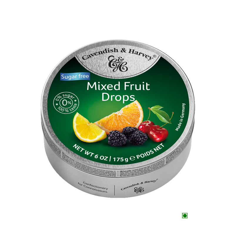 A tin of Cavendish & Harvey Sugar Free Mixed Fruit Drops 175g on a white background.