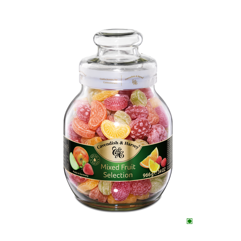 A jar filled with Cavendish & Harvey Mixed Fruit Selection 966g sweets made with real fruit juice.