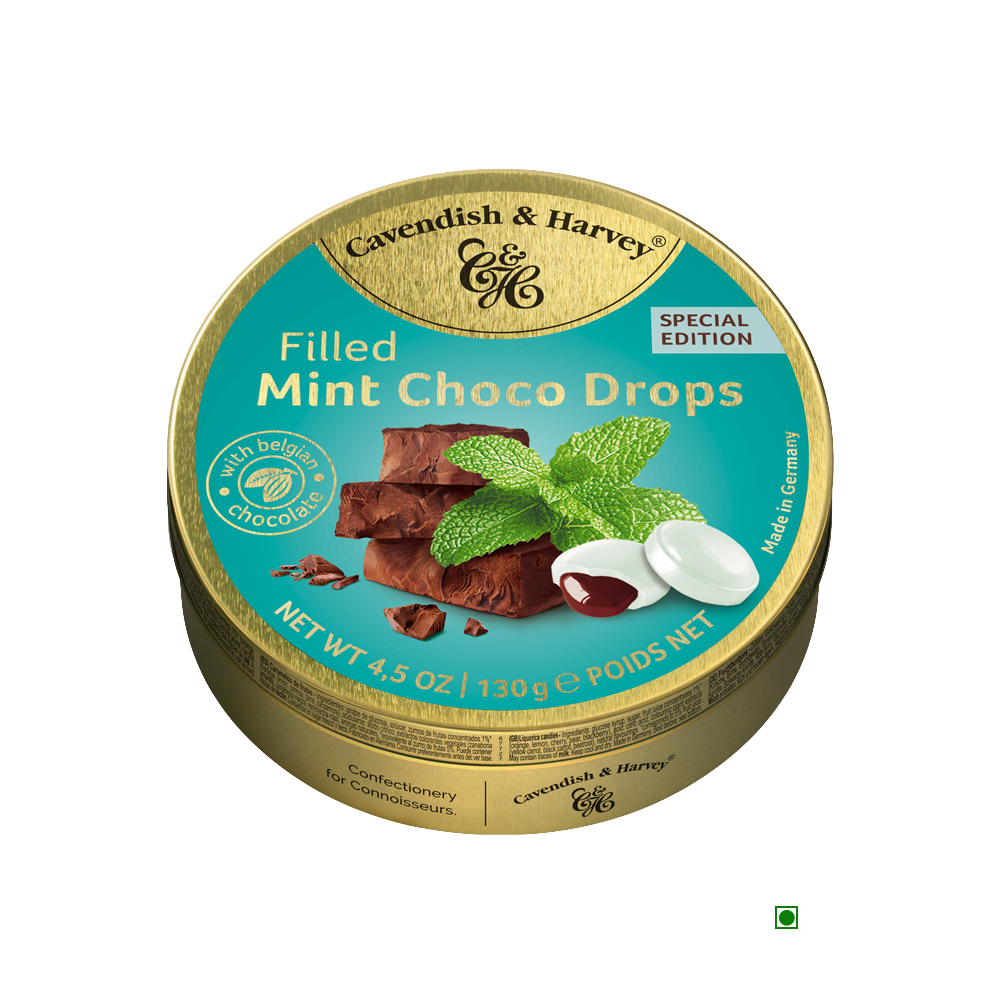 A tin of Cavendish & Harvey Mint Choco Drops Filled 130g with a unique taste on a white background.