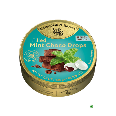 A tin of Cavendish & Harvey Mint Choco Drops Filled 130g with a unique taste on a white background.