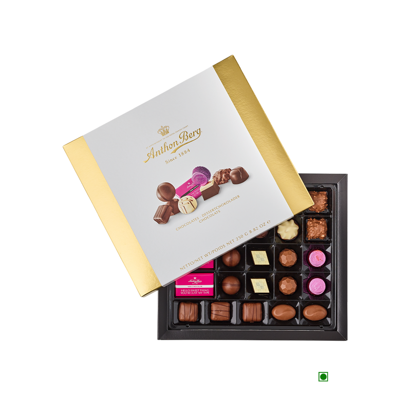 An assortment of Anthon Berg Signatures Giftbox 250g chocolates in a box.