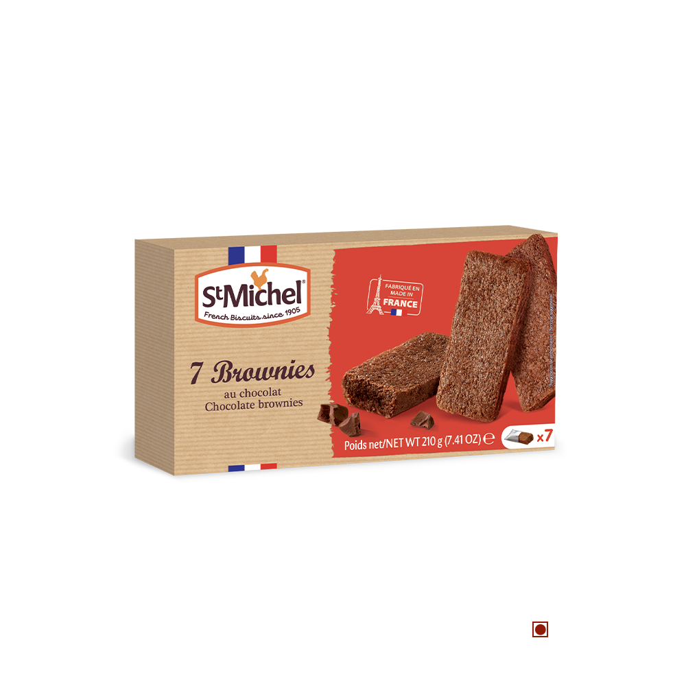 A box of St Michel Brownies Chocolate 210g with a label on it.