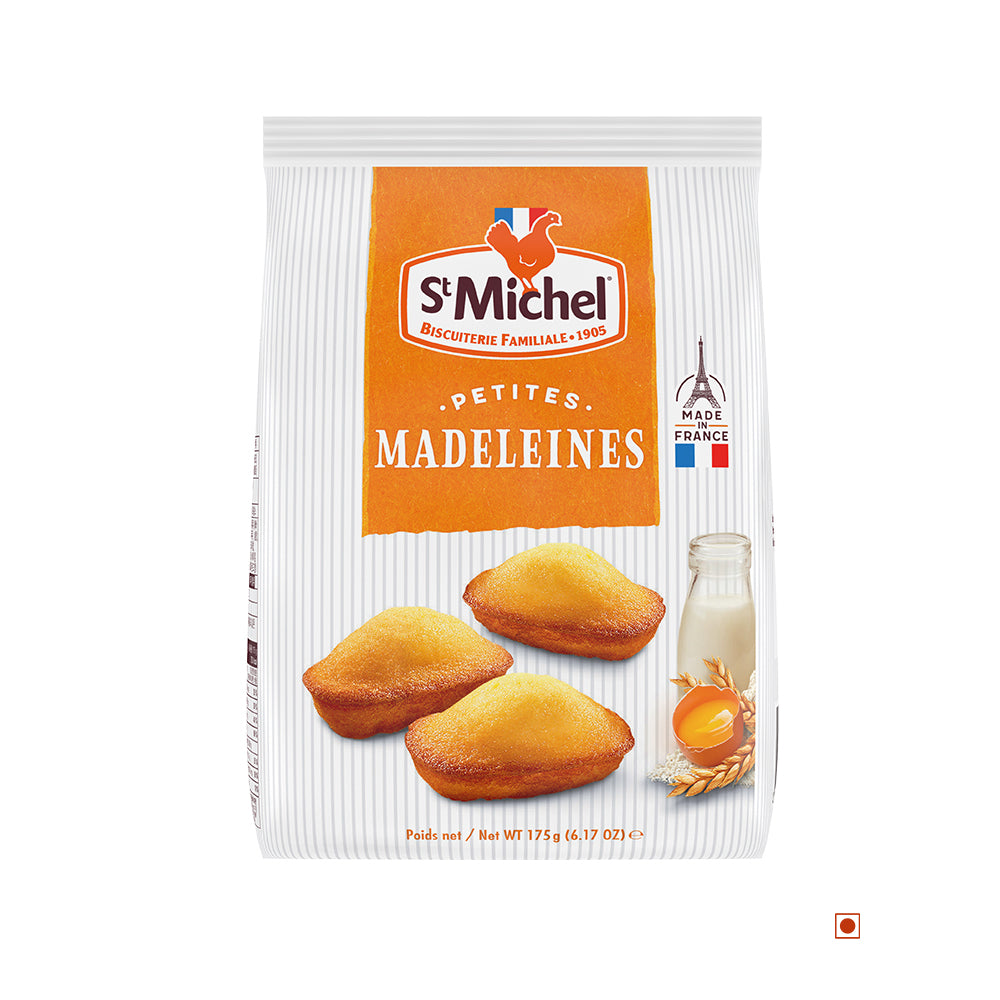 A bag of St Michel Mini Madeleines on a white background.