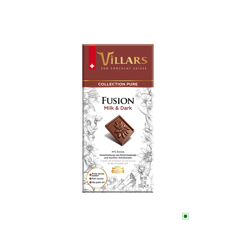 A Villars Fusion Pure Chocolate Bar 100g with the word fusion on it.