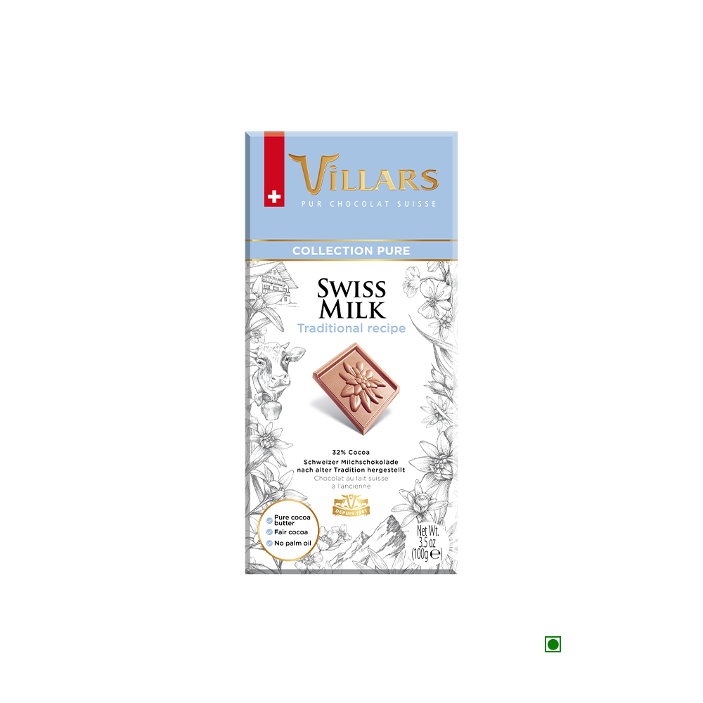 Villars Swiss 33% Milk Chocolate Bar 100g by Villars, presented in light blue and white packaging with a floral design and an image of the chocolate displaying an embossed pattern. Crafted using the finest Bernese Oberland milk.