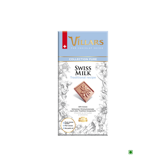 A package of Villars Swiss 33% Milk Chocolate Bar 100g from the Bernese Oberland, melting on a white background.