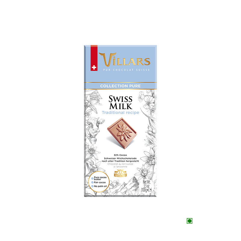 A package of Villars Swiss 33% Milk Chocolate 100g on a white background.