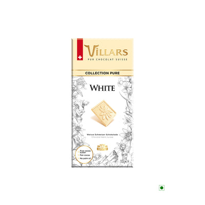 A Villars White Pure Chocolate Bar 100g with a white label on it.