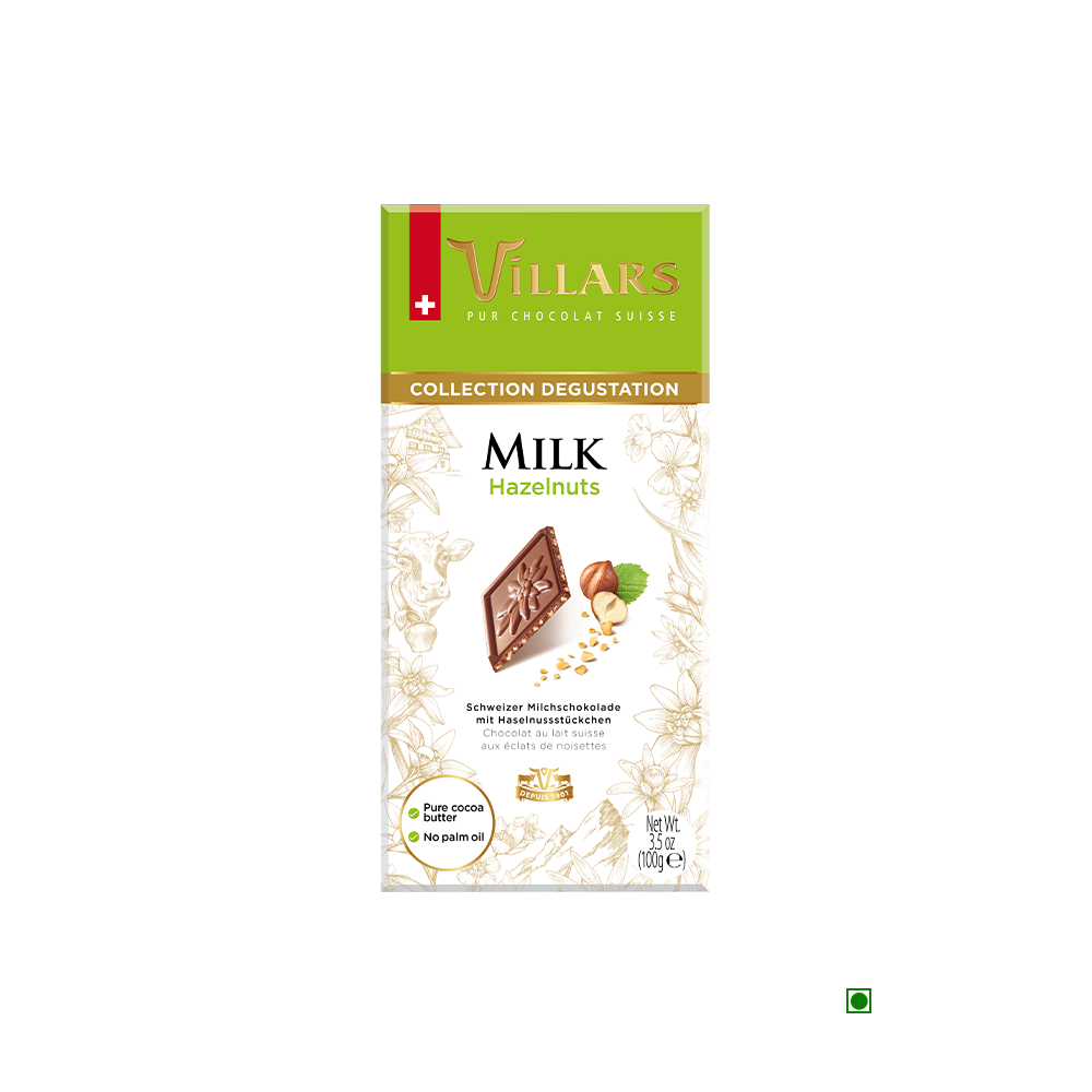 A Villars Milk Chocolate with Hazelnuts Bars 100g with milk and nuts on it.