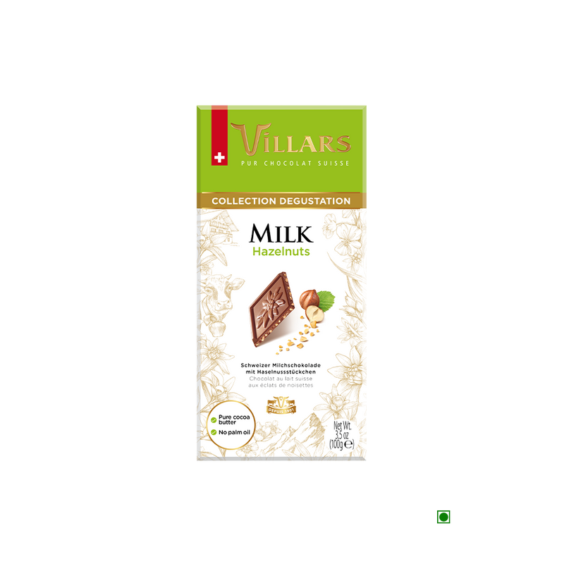 A Villars Milk Chocolate with Hazelnuts Bars 100g with milk and nuts on it.