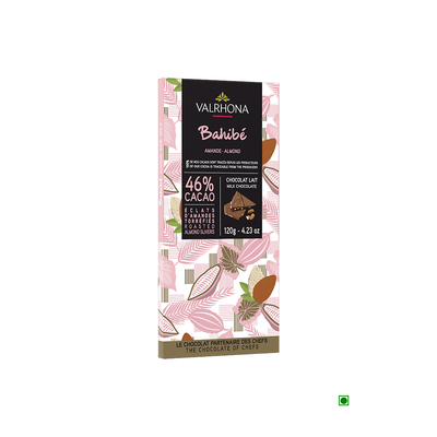 A Valrhona Bahibe Almond Silvers 46% 120g chocolate bar with a pink and white design.