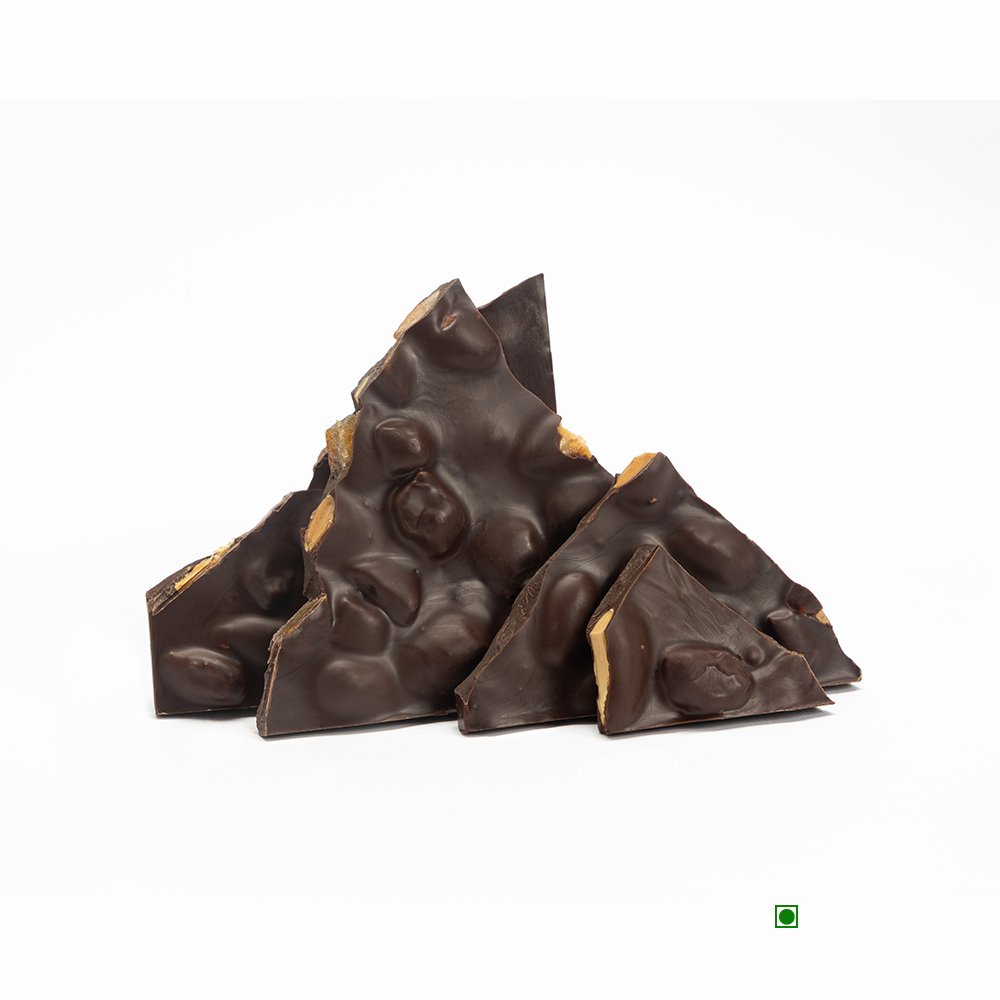 A piece of Rhine Valley Almond Dark 100g chocolate bark on a white background.